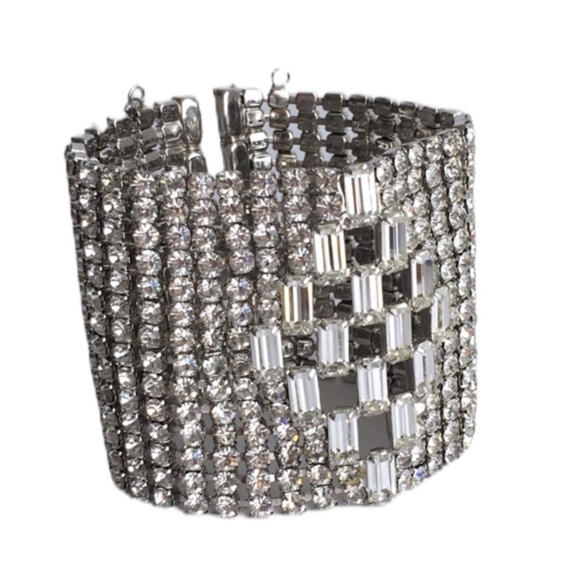 Vintage Rhinestone Bracelet Wide Statement Piece Festive Holiday Cocktail Party - Picture 1 of 11